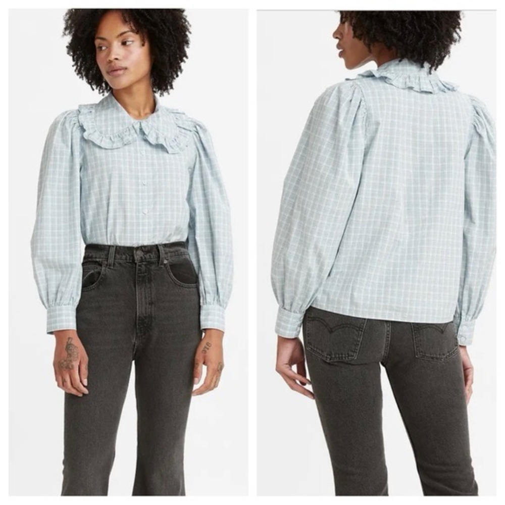 Levi’s Emilie Button Up Plaid Blue Ruffle Collar Blouse Puff Long Sleeve Size S